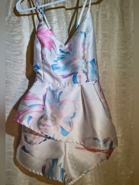 L'Atiste Floral Satin Romper in Pink & Blue &White. Medium, Adjustable Straps